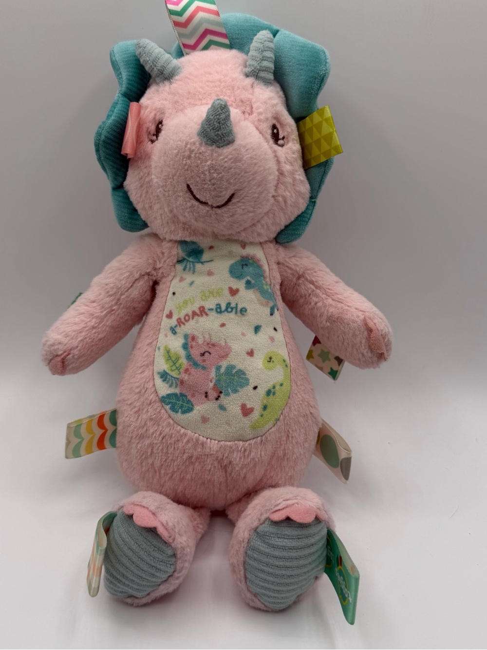 Mary Meyer Taggies Pink Triceratops Plush 12" Dinosaur Sensory Lovey Toy